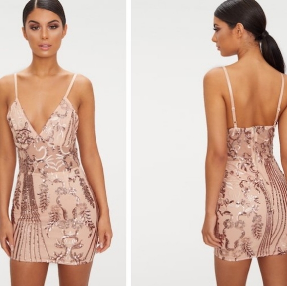 PrettyLittleThing | Dresses | Prettylittlething Rose Gold Strappy Sheer Panel Sequin Bodycon Mini Dress Sz 4